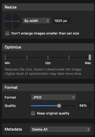 Gestire le immagini nei siti web - Screenshot impostazioni PhotoBulk