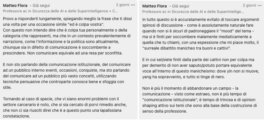Screenshot completo dell'intervento di Flora sull'opinion shaping Screenshot completo dell'intervento di Flora sull'opinion shaping