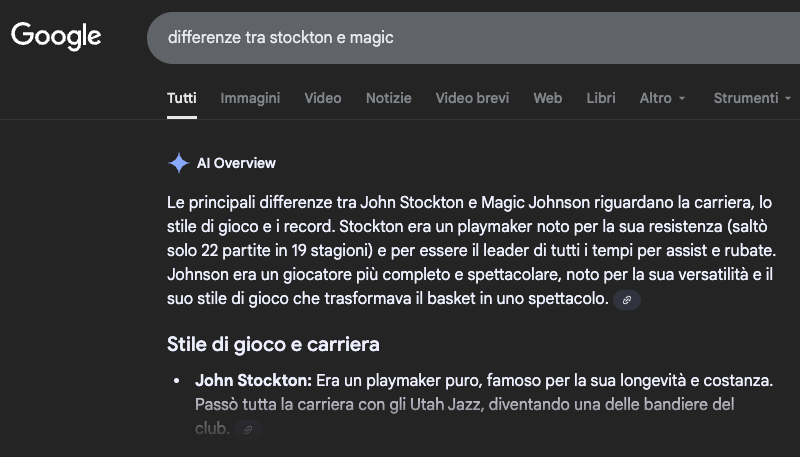 Google AI Overview Esempio differenza tra Magic Johnson e John Stockton nel basket NBA Google AI Overview Esempio differenza tra Magic Johnson e John Stockton nel basket NBA